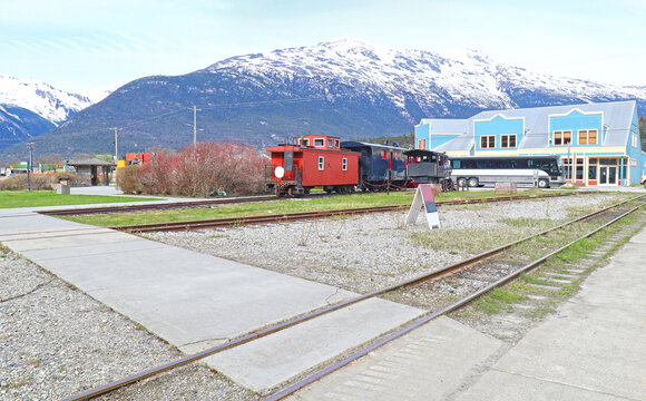 Rare Sight Of Empty Tourist Train Station. Yukon White Pass Railway. Skagway, Alaska