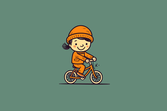 Doodle inspired Kid riding a bike, cartoon sticker, sketch, vector, Illustration
