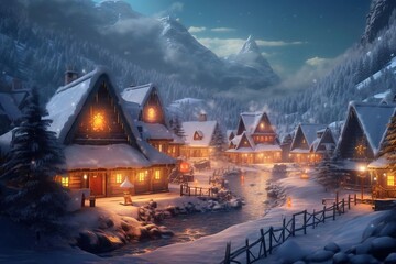 Fototapeta premium A Christmas-filled village of Santa and his friends, hidden behind mountains surrounded by Christmas trees and snow. In the style of fantasy landscapes. Generative Ai