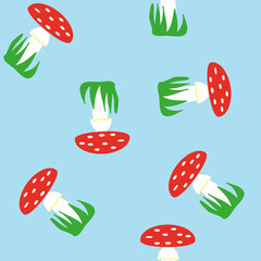 seamless pattern with mushrooms, fly agaric on a blue background, template for wallpaper design, fabrics, packaging, wrappers, summer motifs, beautiful fly agaric isolated on a blue background