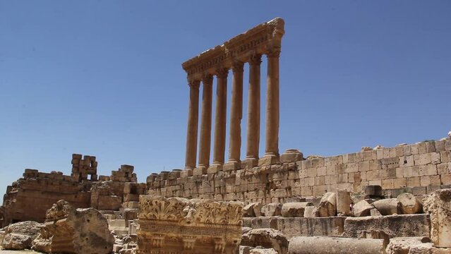 Beautiful view of the Massive columns of the Temple of Jupiter in the ancient city of Baalbek, Lebanon