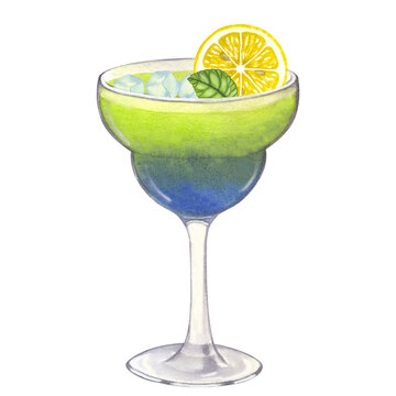 Cocktail glass fresh juice green blue alcoholic. Lemon, ice, mint. Hand drawn watercolor illustration isolated on white background. For bar restaurant menu