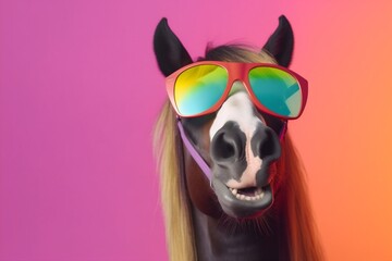 beauty goggles sunglasses fun horse colourful portrait background smile funny animal. Generative AI.