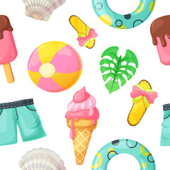 Colorful seamless summer pattern with beach stuff for summer travel. Vacation accessories for sea holidays. Fashion design, vector illustration.