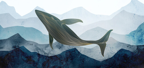 Art background with whale and sea with mountains in watercolor style with gold line elements. Hand drawn vector poster for decor, print, textile, wallpaper, interior design © VectorART
