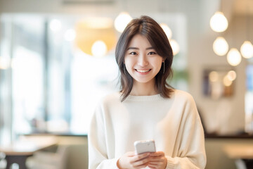 Attractive, charming, friendly 22 years old Japanese girl hold a mobile phone in her hands at modern cafe, smiling, looking at camera, wearing beige long sleeve sh in natural sunlight from window