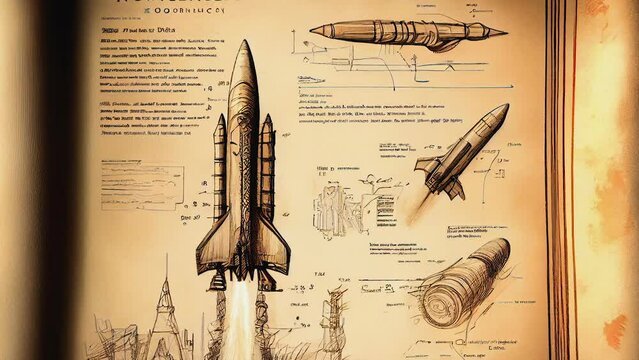 A sketch diagram of a rocket ship on an old paper with the text on the side AI generated