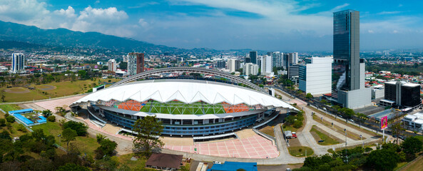 View of the National Stadium of Costa Rica. San Jose, Costa rica capital city street view with...