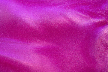 Glittering flows of silver particles in magenta pink fluid. Various stains and overflows of white particles in liquid. Abstract shimmering background.