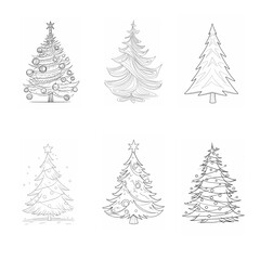 Coloring page set of different Christmas tree of black line art no shading isolated on white background. Generative AI.
