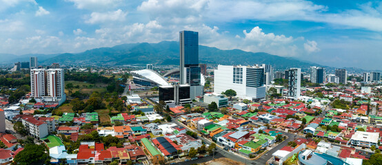 Beautiful aerial view of the Sabana, San Jose, Costa Rica. San Jose Costa rica capital city street view with mountains in the background.