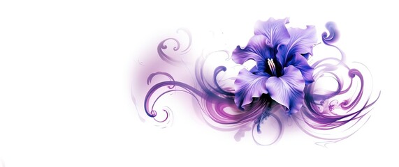 Naklejka na ściany i meble Iris with elegant swirls on white background. Luxury beautiful flower in purple and violet. Card. Generative AI. 