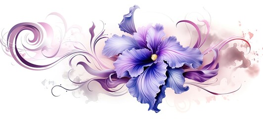Iris with elegant swirls on white background. Luxury beautiful flower in purple and violet. Generative AI. 