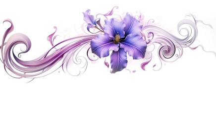 Iris with elegant swirls on white background. Luxury beautiful flower in purple and violet. Card. Generative AI. 