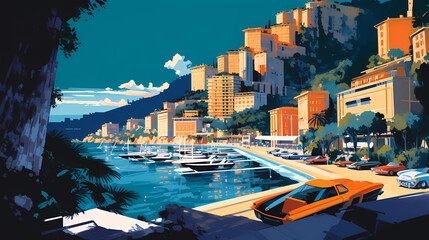 Illustration of beautiful view of Monte Carlo, Monaco - obrazy, fototapety, plakaty