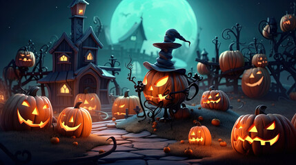 Happy halloween greeting with pumpkins at the night