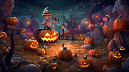 Naklejka na ściany i meble Happy halloween greeting with pumpkins at the night
