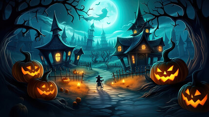 Fototapeta na wymiar Happy halloween greeting with pumpkins at the night