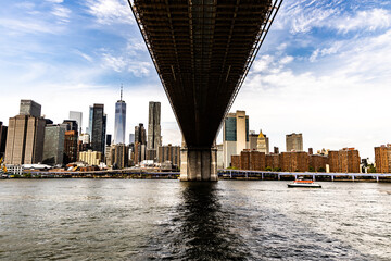 The Under view of Brooklyn Bridge at and the Lower Manhattan skyline.
