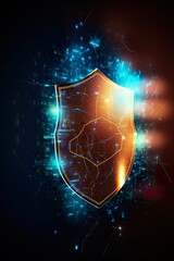 data security shield - protecting shield - cybersecurity - dark backround - glowing lines - hologram