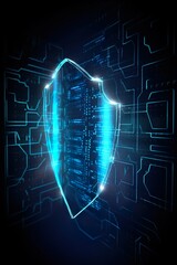 data security shield - protecting shield - cybersecurity - dark backround - glowing lines - hologram