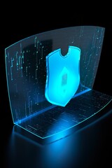 data security shield - protecting shield - cybersecurity - dark backround - glowing lines - hologram