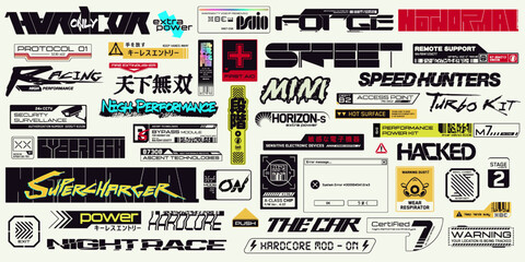 Cyberpunk decals set. Set of vector stickers and labels in futuristic style. Inscriptions and symbols. Japanese hieroglyphs for keyless entry, matchless, sensitive electronic devices, step. - obrazy, fototapety, plakaty