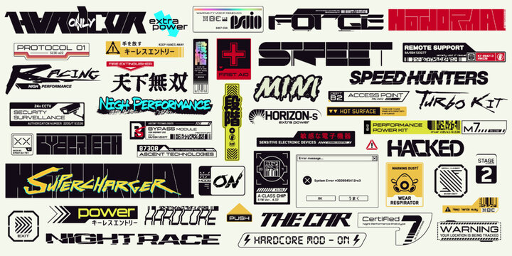 Cyberpunk decals set. Set of vector stickers and labels in futuristic style. Inscriptions and symbols. Japanese hieroglyphs for keyless entry, matchless, sensitive electronic devices, step.