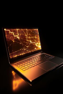 futuristic open laptop - glowing in amber lines - black backround - cyper - data security 