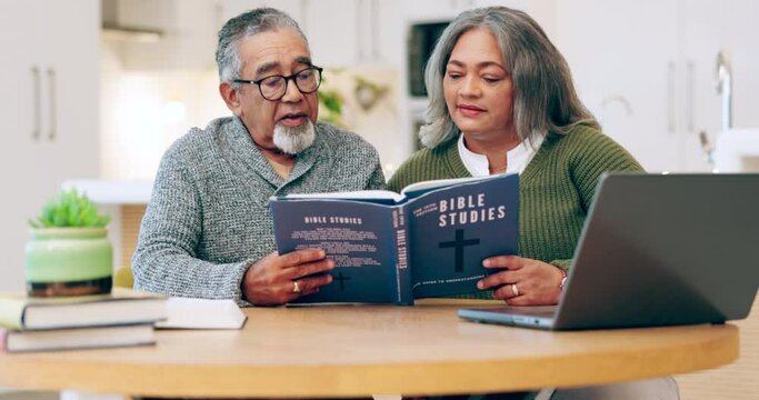 Senior couple, home and bible study with book, reading or learning together for faith, religion and culture, Old man, woman and christian education for worship, knowledge or discussion of God in home