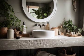 Eco-friendly white luxury bathroom vanity with organic materials. Generative AI