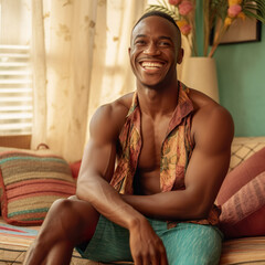 Fototapeta na wymiar Happy African homosexual man posing and smiling in front of camera. Ai generative