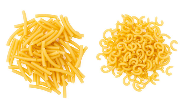 two types of Italian pasta / noodles isolated over a transparent background, a heap or group of short maccheroni / macaroni and of gobbetti, cut-out mediterranean food design elements, top view