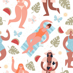 Summer beach or pool party. Diverse women in swimsuits have fun. Seamless pattern for any design. Cute flat vector modern illustration for fabric, wrapping paper, and wallpaper.