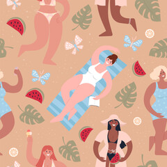 Summer beach party. Diverse women in swimsuits have fun. Seamless pattern for any design. Cute flat vector modern illustration.