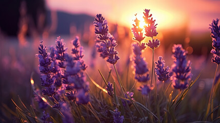 Naklejka premium Purple lavender flowers with sunset illustration