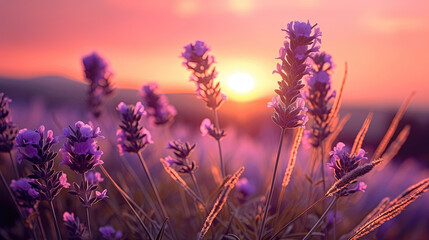 Naklejka premium Purple lavender flowers with sunset illustration