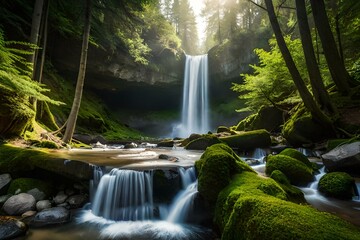 A hidden waterfall tucked away in a serene forest, with sunlight streaming through the trees