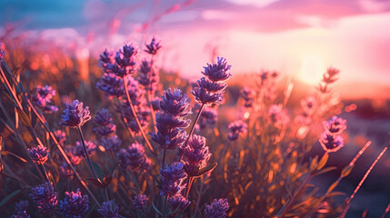 Purple lavender flowers with sunset illustration