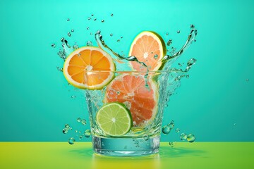 cocktail with orange and lime splashing out on blue background