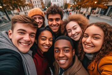 A dynamic and diverse group of friends using their mobile phones to take a selfie in a vibrant outdoor setting
