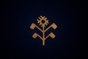 Authentic Kalevala golden fllower ornament on a deep blue colored eco leather, background, animal friendly, karelia, nordic, finland, north, north-west russia, nordic flower, folklor