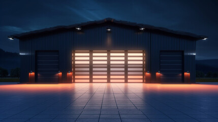 3d rendering of hangar building exterior and shutter door and paver brick floor at night time. Generative AI - obrazy, fototapety, plakaty