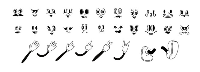 Vintage 50s Cartoon And Comic Different Facial Expressions. Feet in Shoes and Walking Leg and Poses Set. Vintage Cartoon Hands in Gloves and Feet in Shoes. Cute Animation Character Body Parts