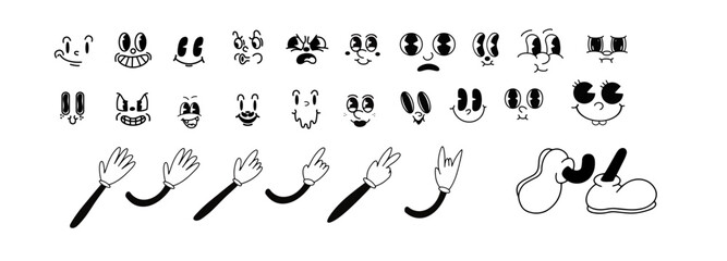 Vintage 50s Cartoon And Comic Different Facial Expressions. Feet in Shoes and Walking Leg and Poses Set. Vintage Cartoon Hands in Gloves and Feet in Shoes. Cute Animation Character Body Parts