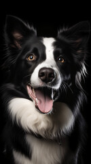 Fototapeta premium A black and white dog with its tongue out isolated on a black background Generative Ai