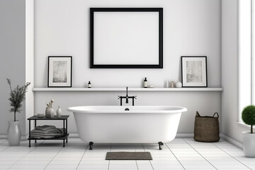 Fototapeta na wymiar Blank horizontal poster frame mock up in white minimalist style bathroom interior, modern bath room interior background. Ai generative