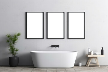 Blank horizontal poster frame mock up in white minimalist style bathroom interior, modern bath room interior background. Ai generative