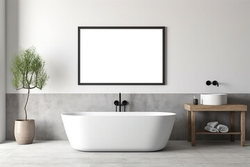 Fototapeta na wymiar Blank horizontal poster frame mock up in white minimalist style bathroom interior, modern bath room interior background. Ai generative