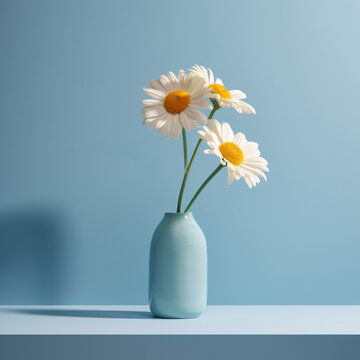 Three daisies in a blue vase on a table Generative Ai